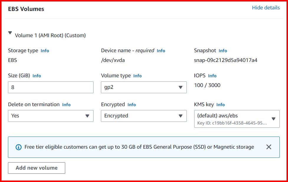 Picture showing the encryption enabled for the root volume while launching and EC2 instance